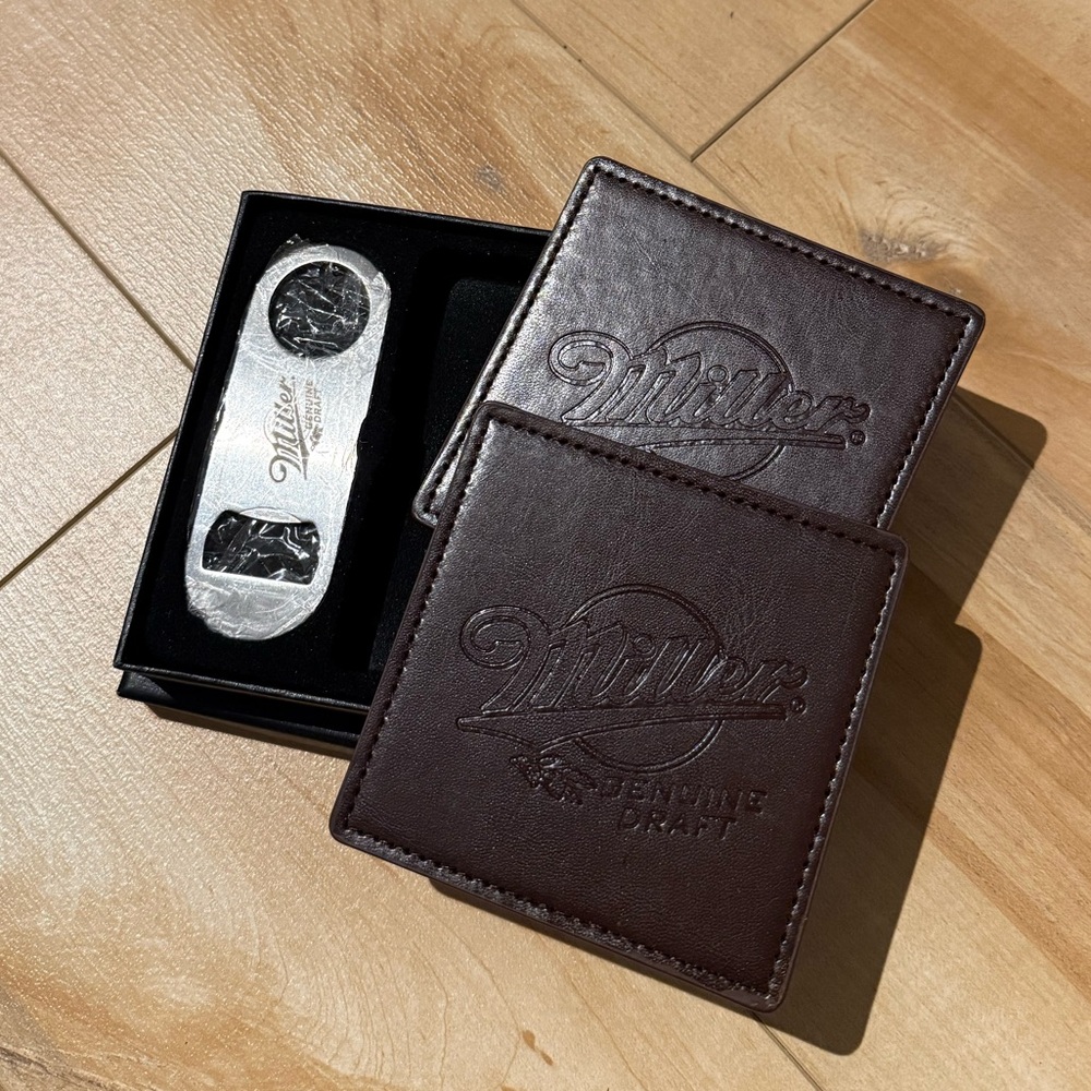 Miller Leather Coasters & Silver Bottle Opener Set